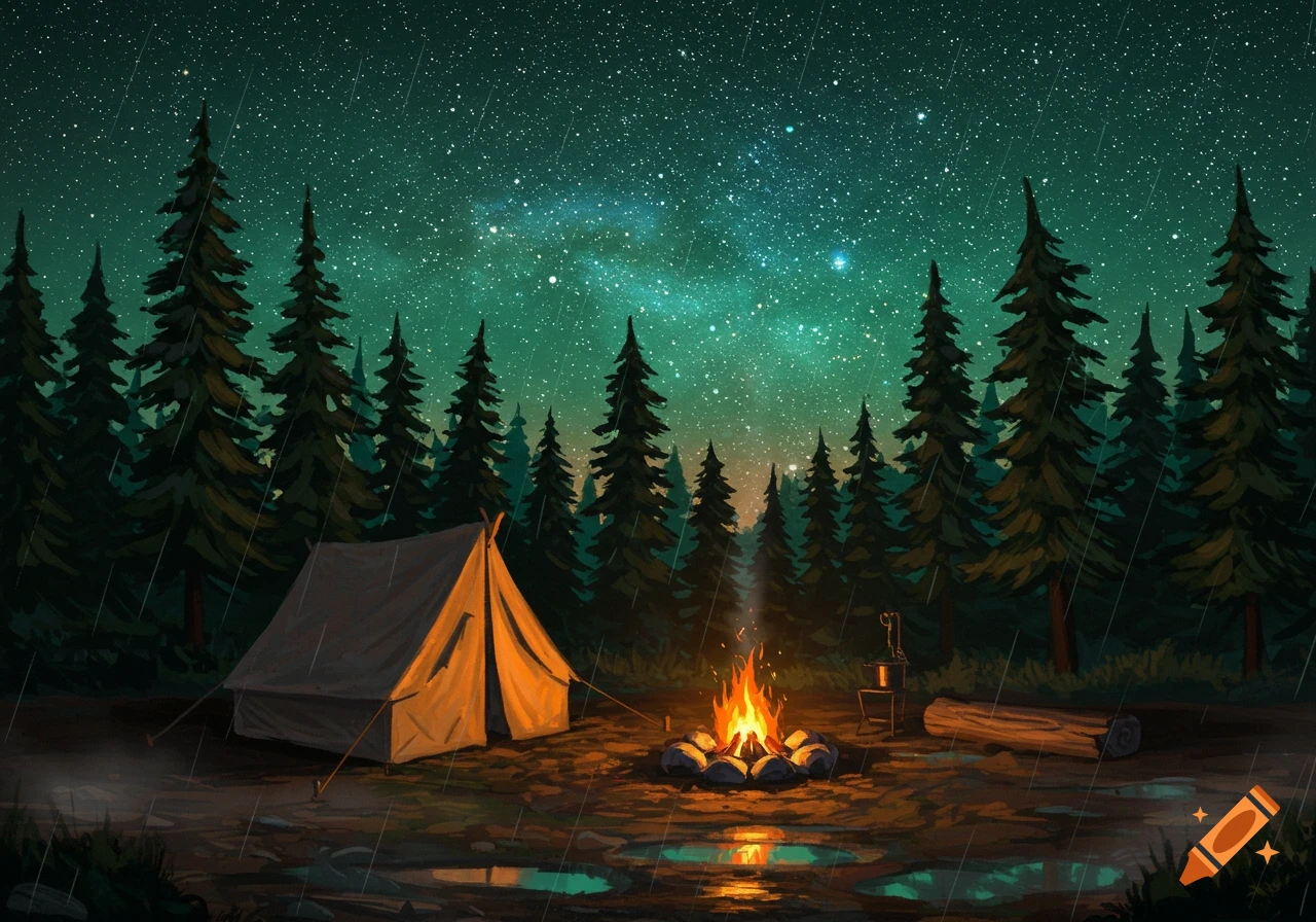 A rainy night campsite with a lit tent, campfire, tall pine trees, and starry sky.