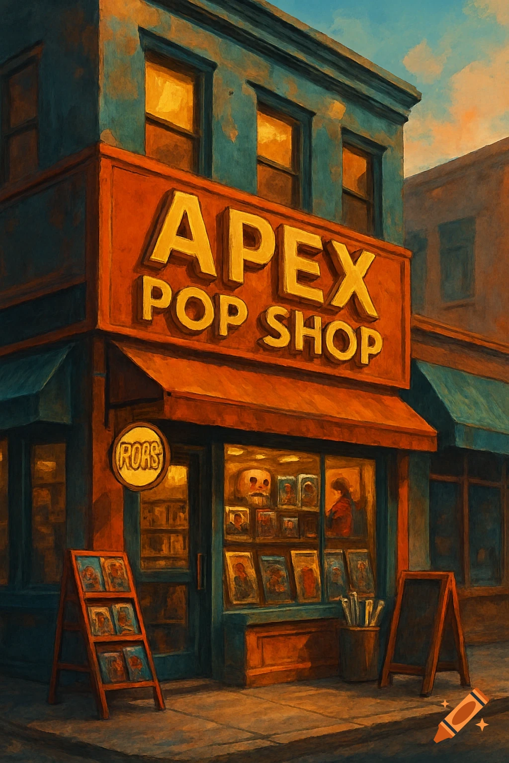 A storefront sign that reads APEX POP SHOP