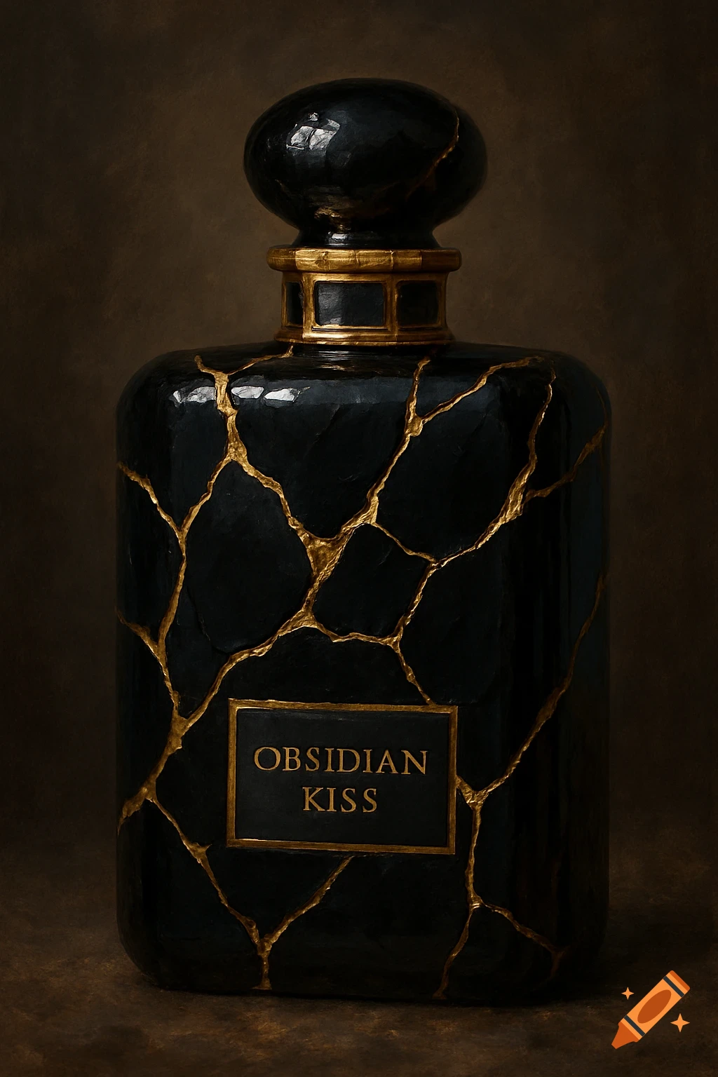 A black perfume bottle with gold kintsugi style cracks and a label reading 'OBSIDIAN KISS'.