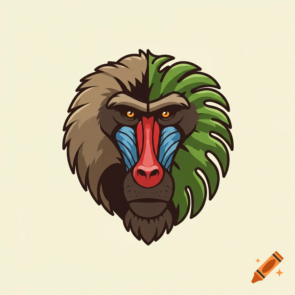 Vector style logo of a head, half baboon face, half green leaf.