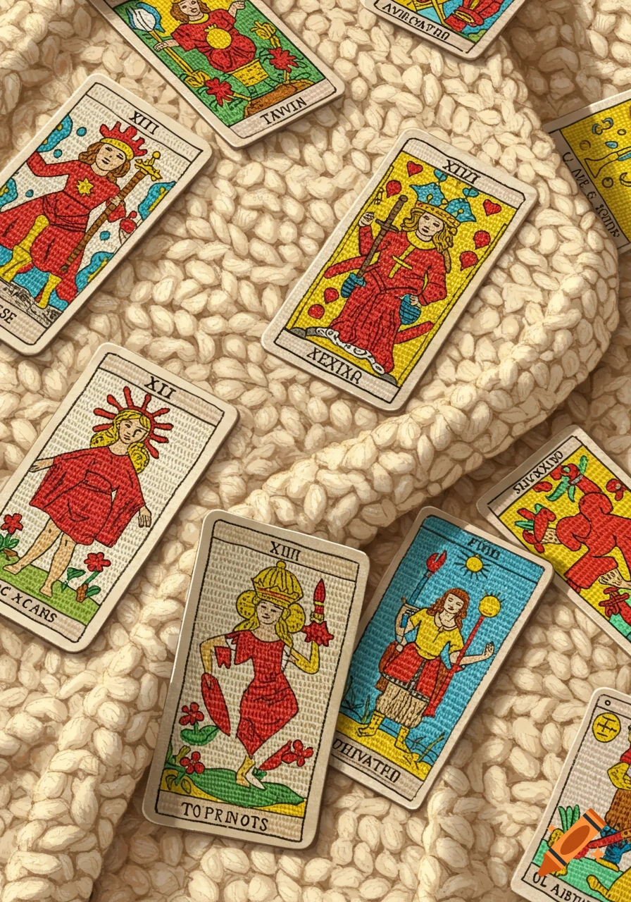 Tarot cards scattered on a cream crochet blanket.