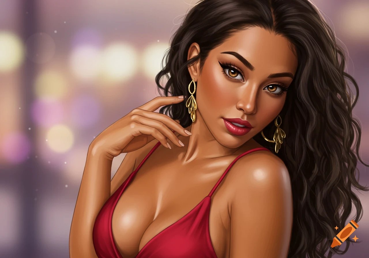 A close-up of a woman in a red dress.