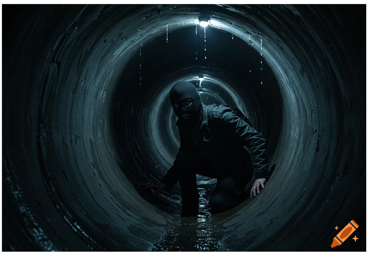 A person wearing a ski mask crouches in a dark, wet drain tunnel. The style is photorealistic.