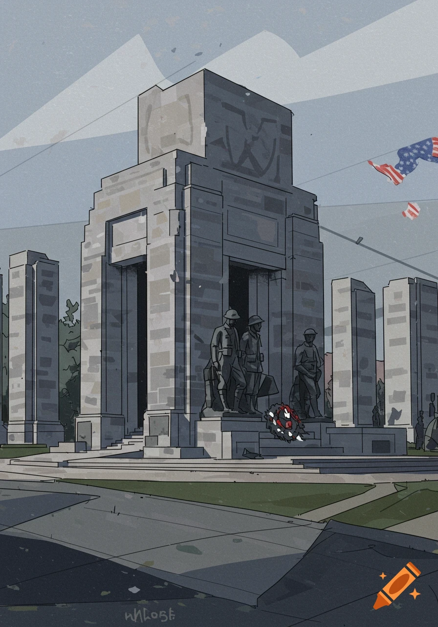 An abstract drawing of a World War I memorial with statues and US flags.