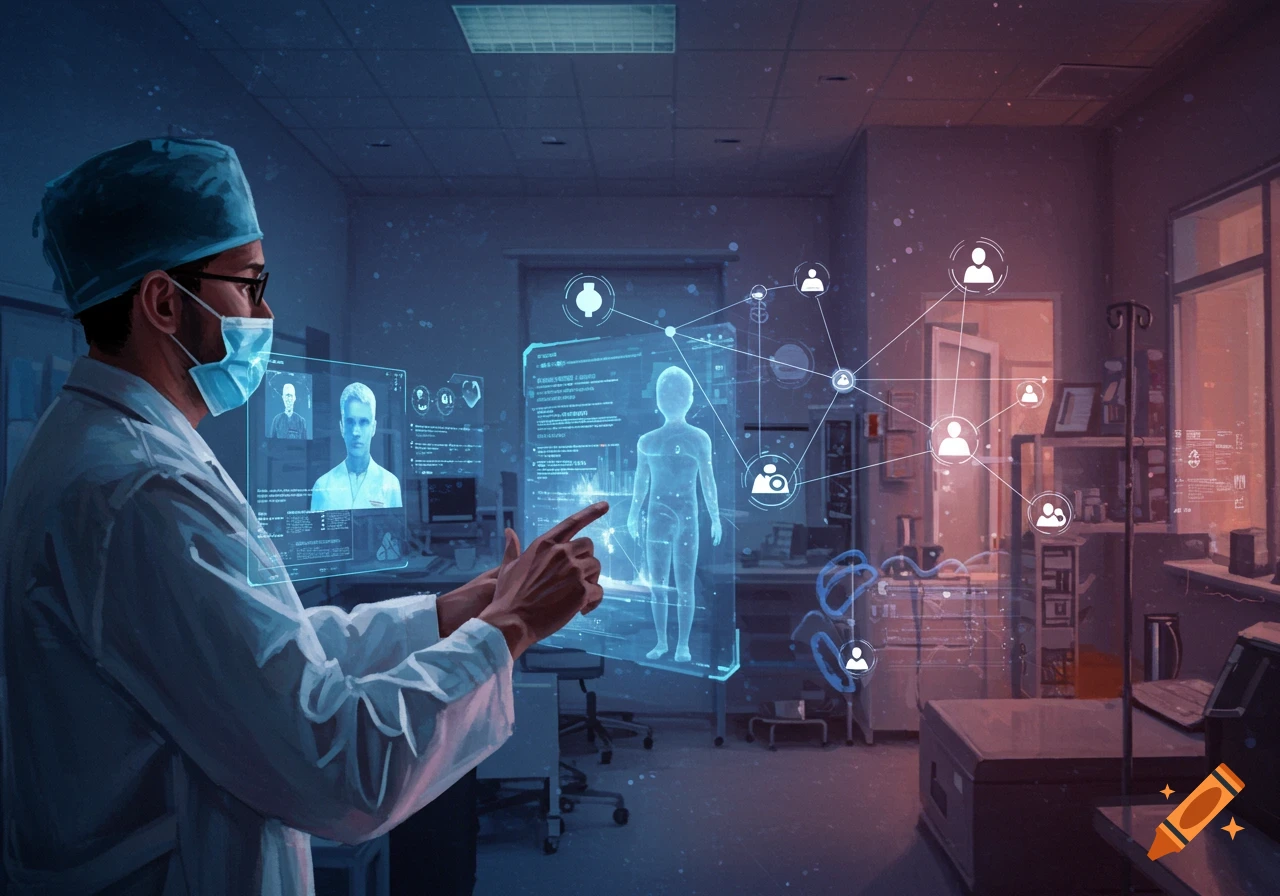 A doctor interacting with holographic medical data displays in a futuristic hospital room.