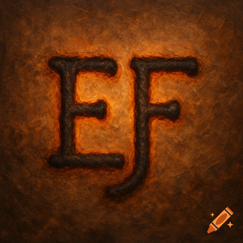 Letters EF stylized as a glowing cattle brand on a textured surface.