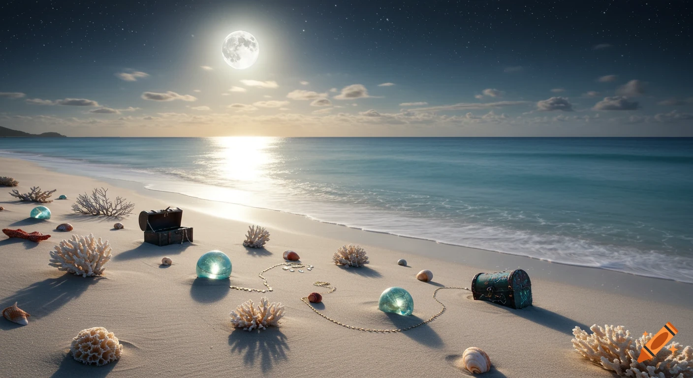 Moonlit beach scene with treasure chests, coral, and shells along the shore.