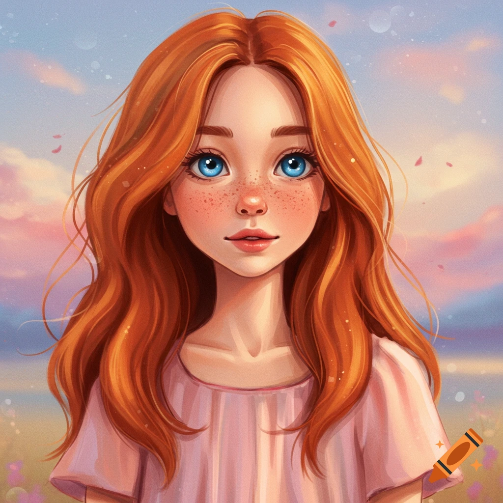 Portrait of a girl with long red hair, blue eyes, and freckles, set against a pastel sky.