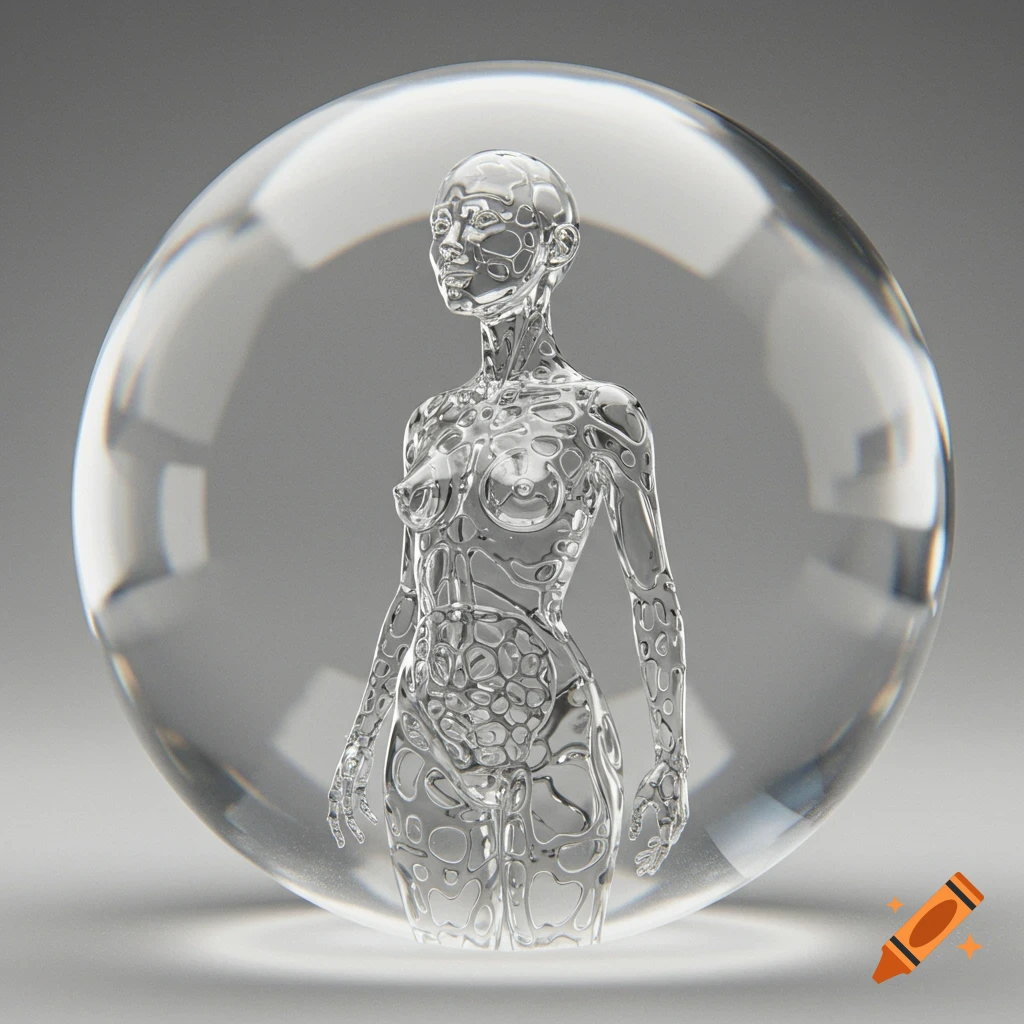 Abstract glass female figure inside a clear glass sphere.