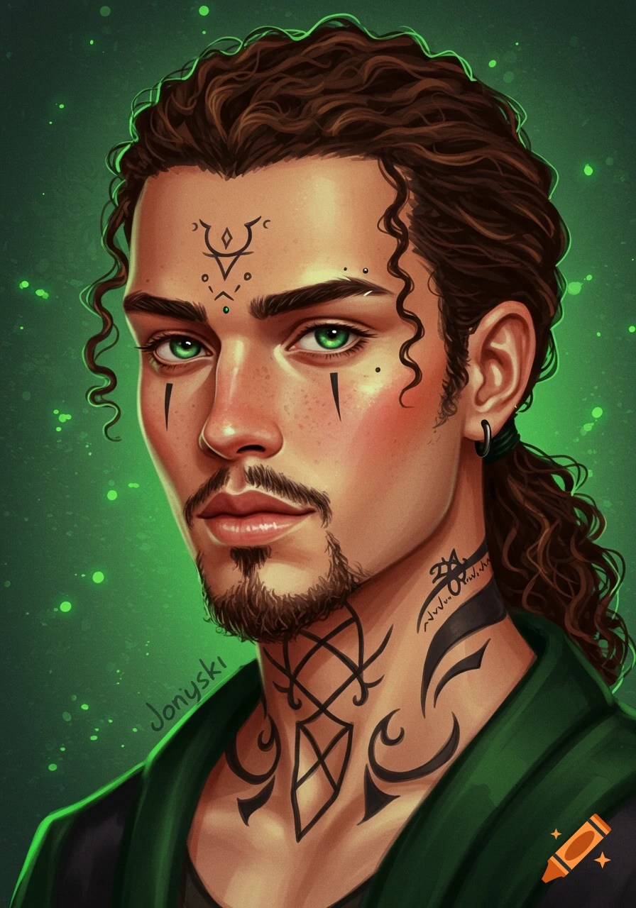 A man with curly hair, green eyes, freckles, and occult tattoos on his face and neck, against a green background.