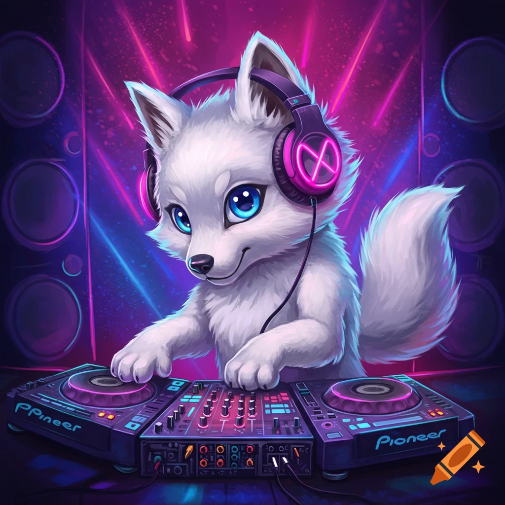 A cute cartoon wolf wears headphones and DJs on mixing equipment in a neon-lit club.
