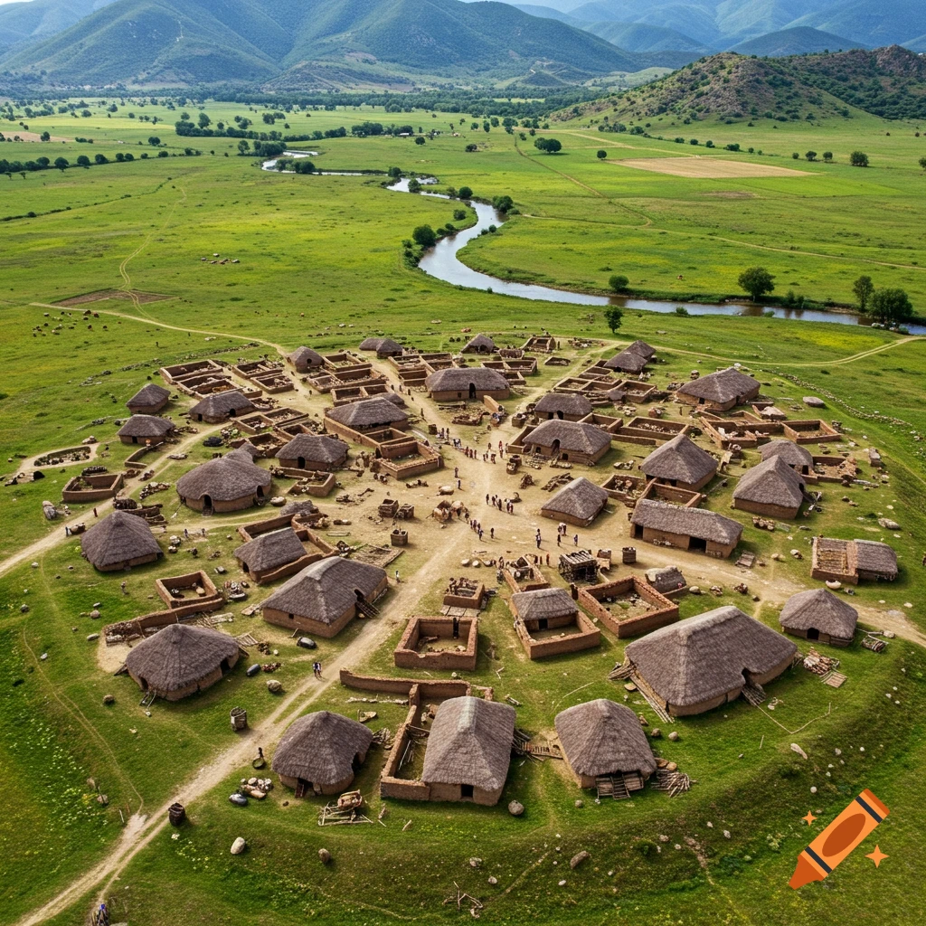 Aerial view of a Neolithic village in a green valley with a river and hills.