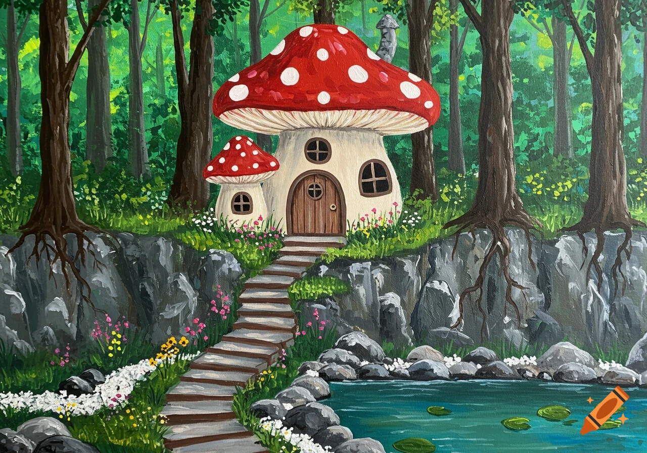 A painting of a mushroom house with a red roof, stone steps, and a pond in a forest.