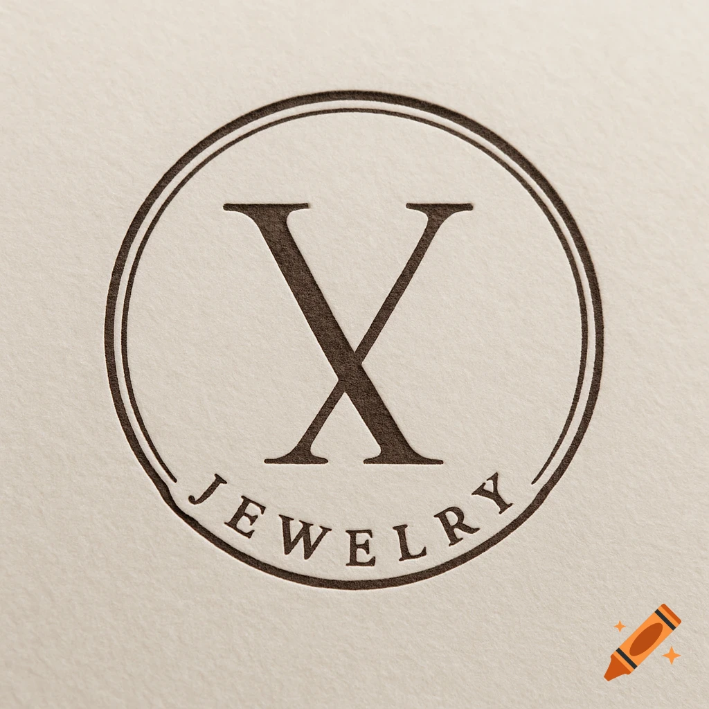 A logo design of a dark X inside a circle, with the word JEWELRY curved below it, stamped on textured paper.