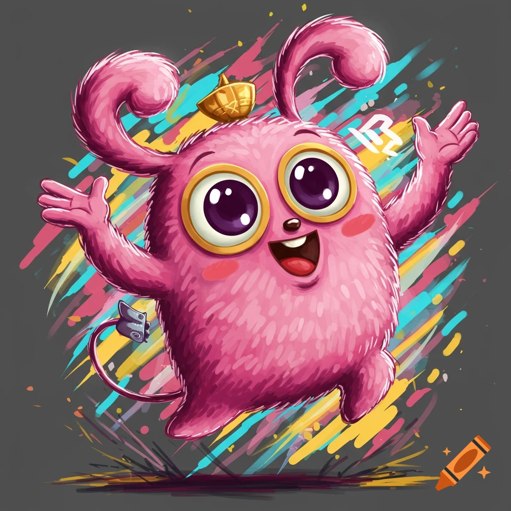 Cute pink furry monster with a crown jumping before colorful brushstrokes.