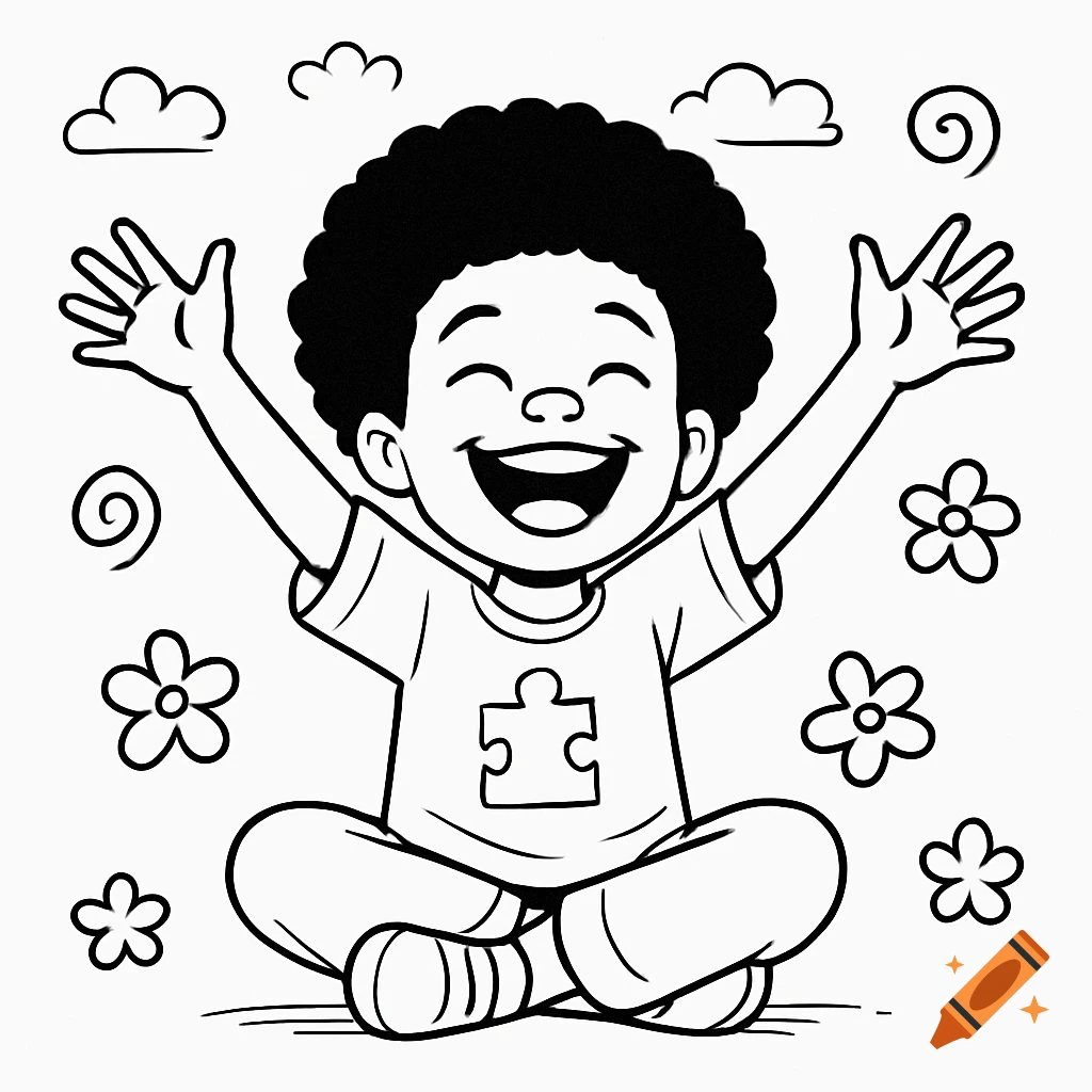 Black and white line art drawing of a joyful black boy with an afro, sitting cross-legged with hands raised, wearing a shirt with a puzzle piece.