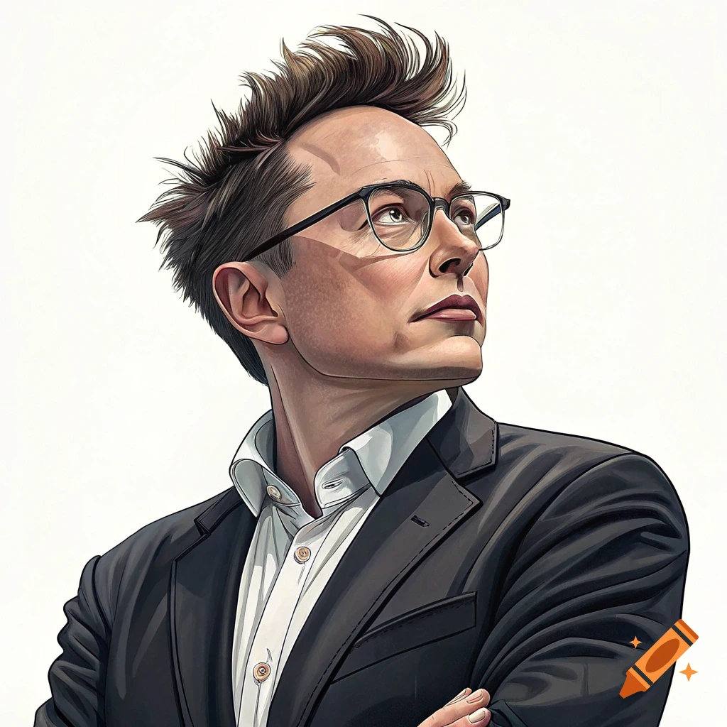 Stylized portrait of Elon Musk in a suit looking up.