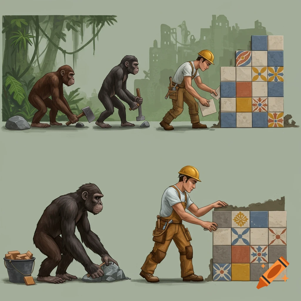 Shows stages of ape evolution into a human construction worker tiling a wall.
