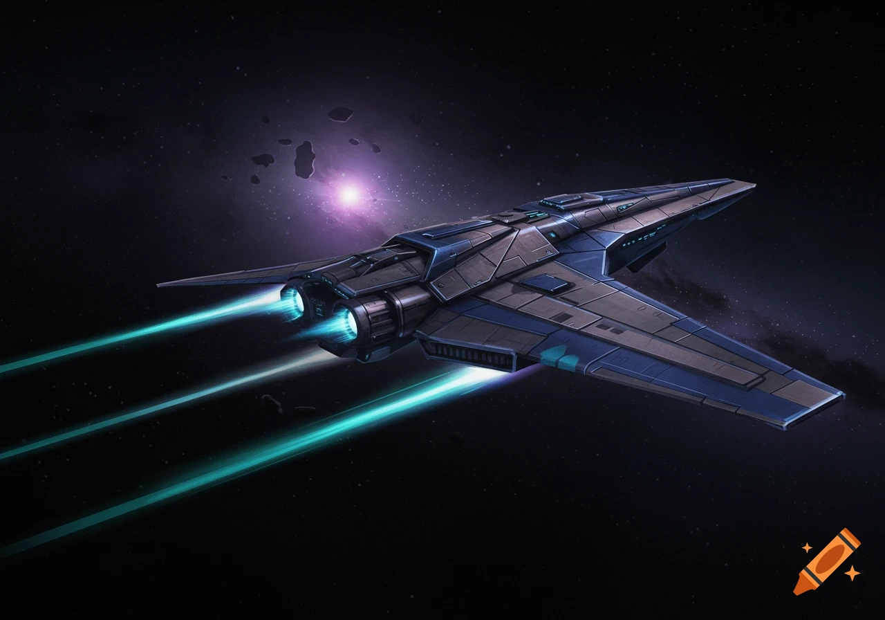 A futuristic spaceship flying through space with engine trails.