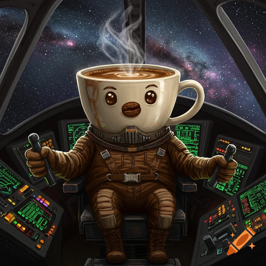 A stylized coffee cup character wearing a pilot suit sits in a spaceship cockpit, flying through space.