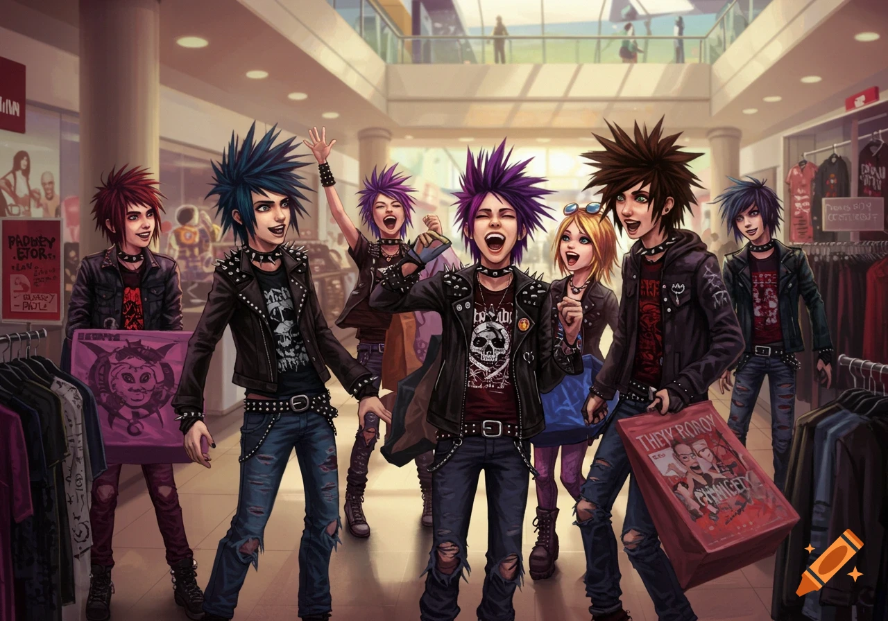Emo/punk people shopping happily in a mall.