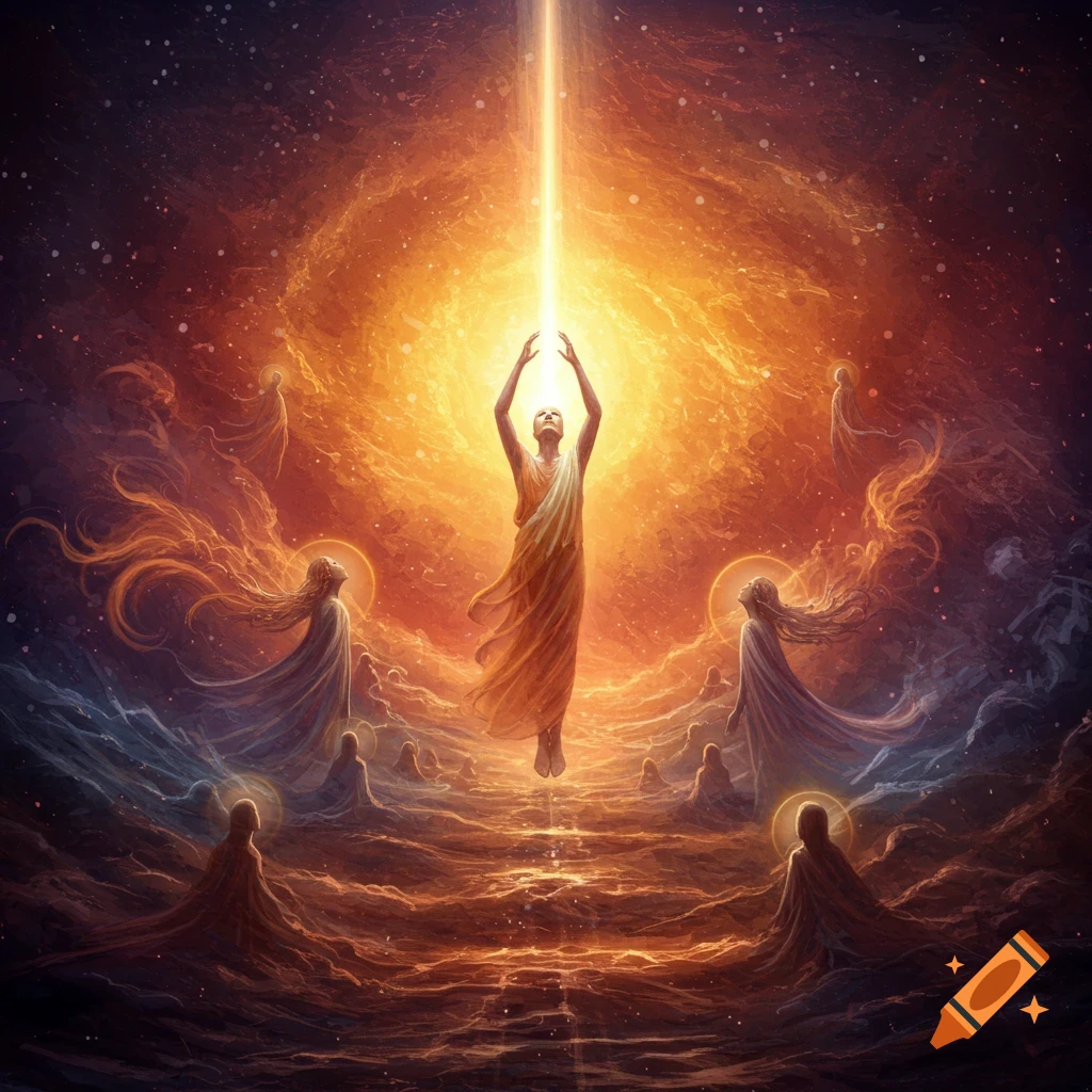A central robed figure floats reaching towards a light beam above swirling cosmic clouds with other figures below.
