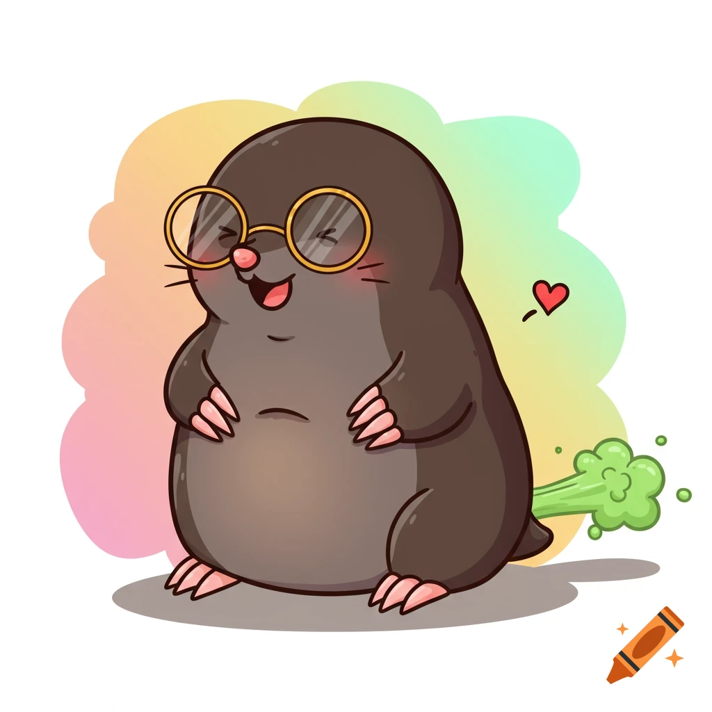 A cute cartoon mole wearing glasses farts a green cloud.