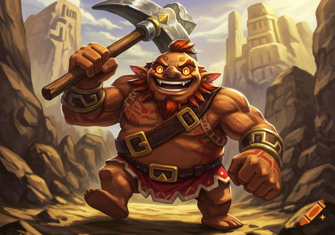 A Goron creature from Legend of Zelda holding a pickaxe in a rocky landscape.