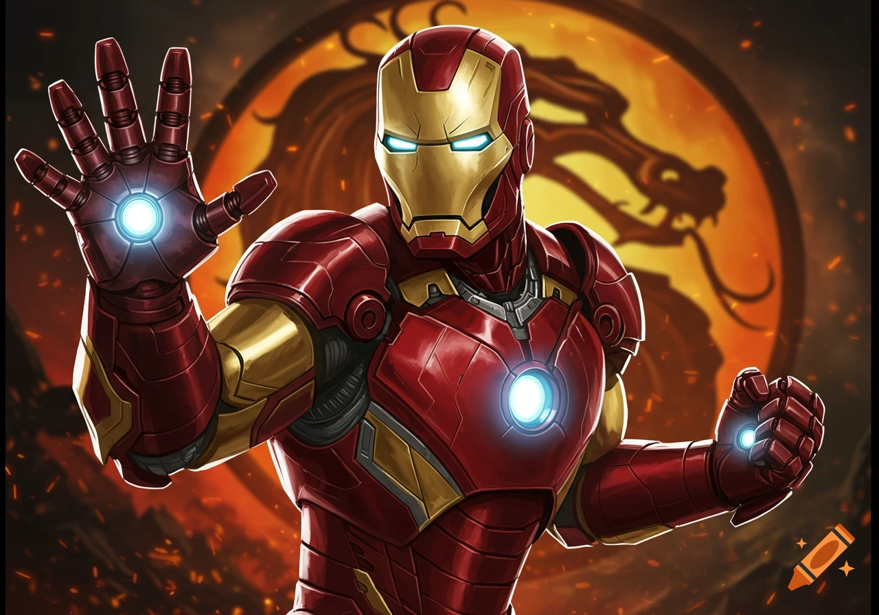 Iron Man posing with energy beams in front of the Mortal Kombat dragon logo.