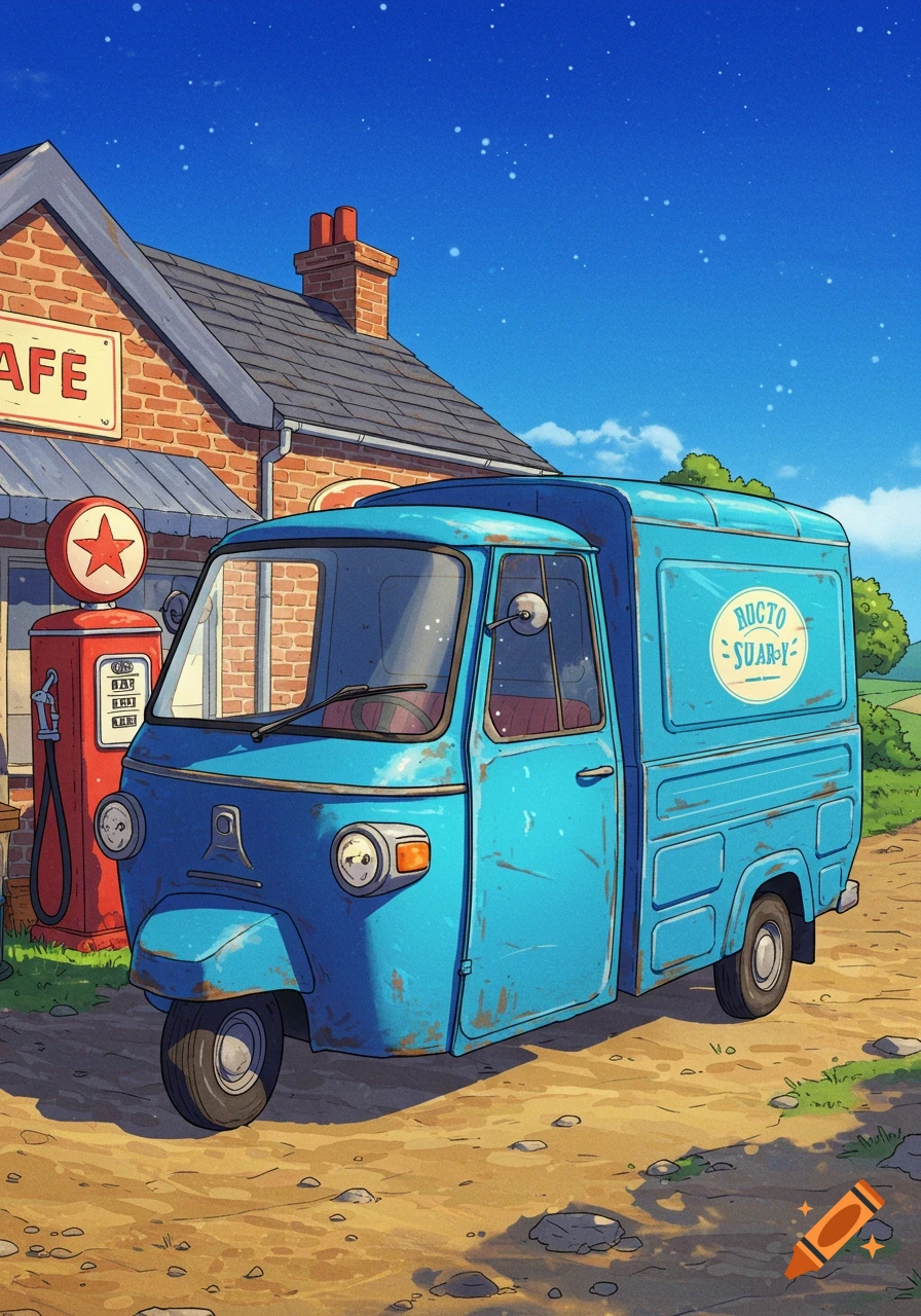 A blue three-wheeled van parked in front of a cafe and gas pump.
