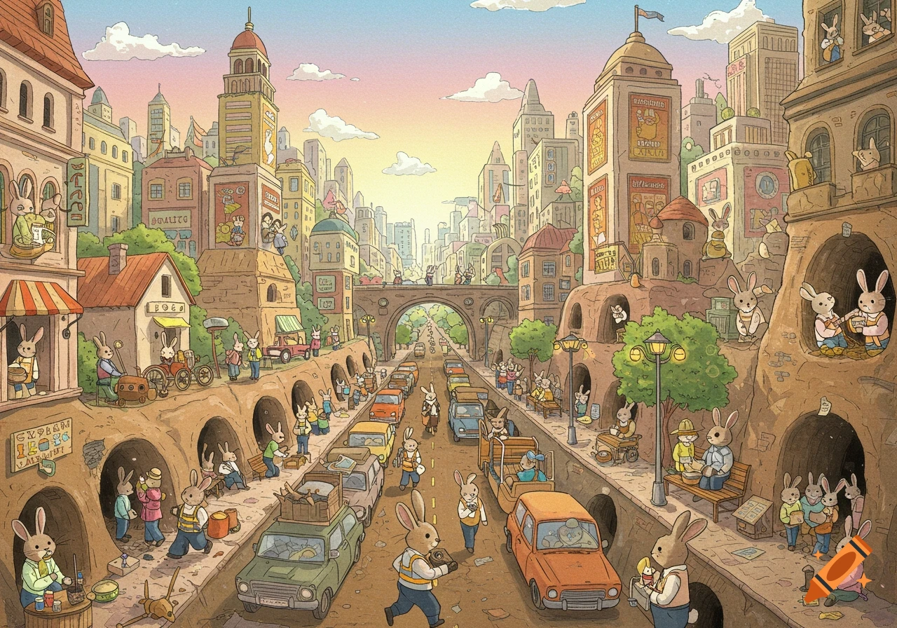 A busy city street scene with anthropomorphic rabbits living and working.