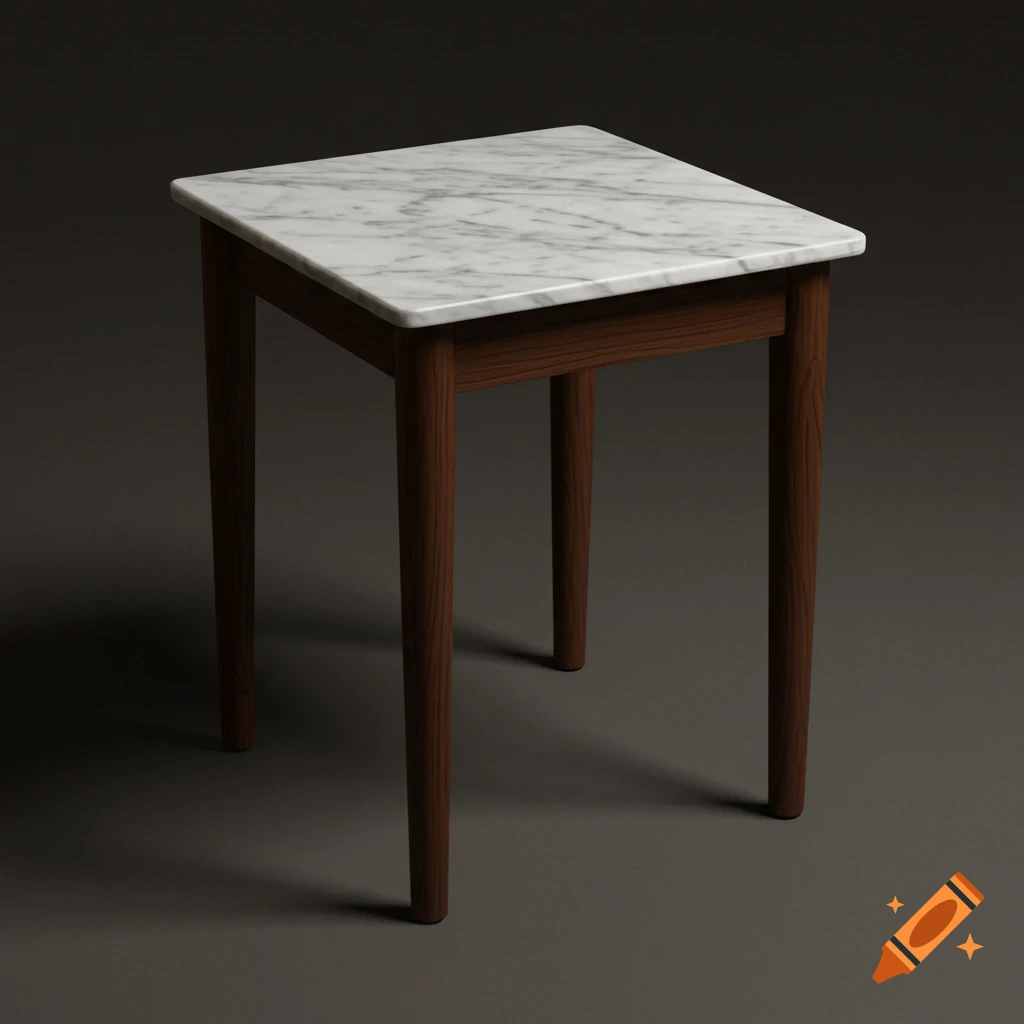 A nightstand with a marble top and wood legs.