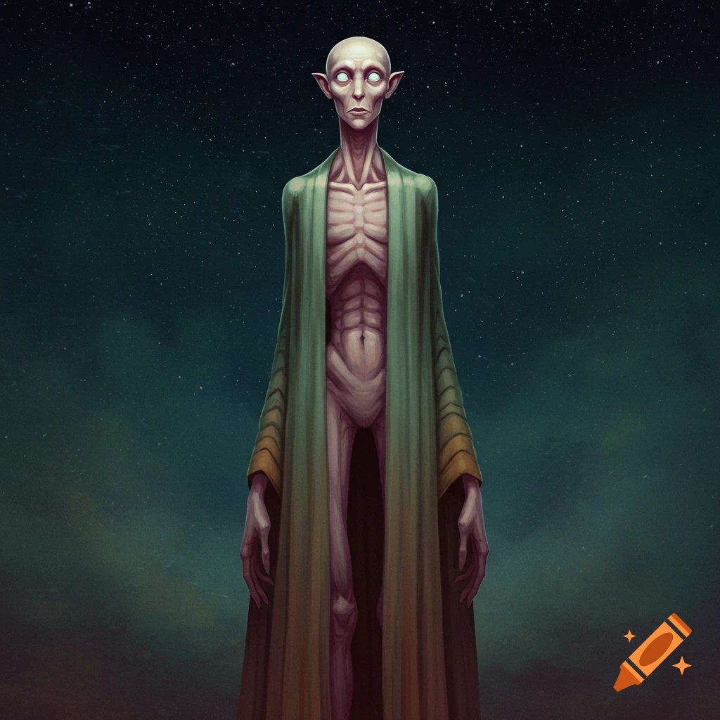 A tall, thin, pale creature with large white eyes in a green robe stands under a starry sky.