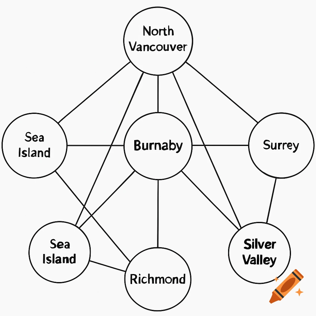 Black and white diagram with circles labeled with place names connected by lines.