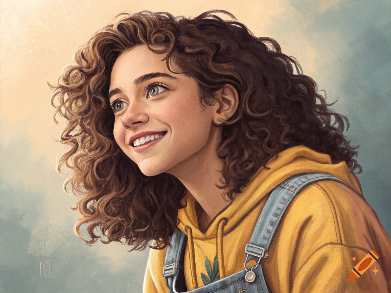 An illustration of a young woman with curly hair, smiling, wearing a yellow hoodie and denim overalls.