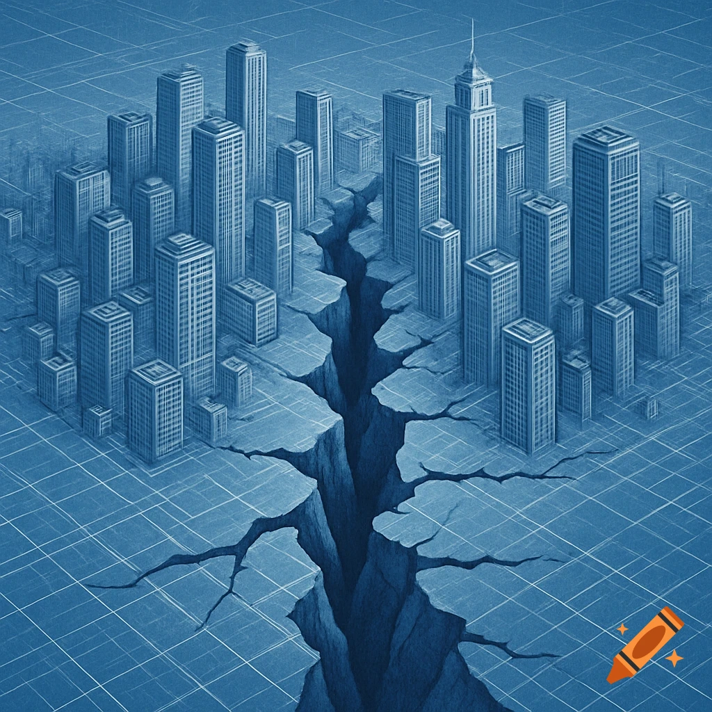 A blueprint-style image shows a city grid splitting open with a large crack, revealing a deep chasm between buildings.
