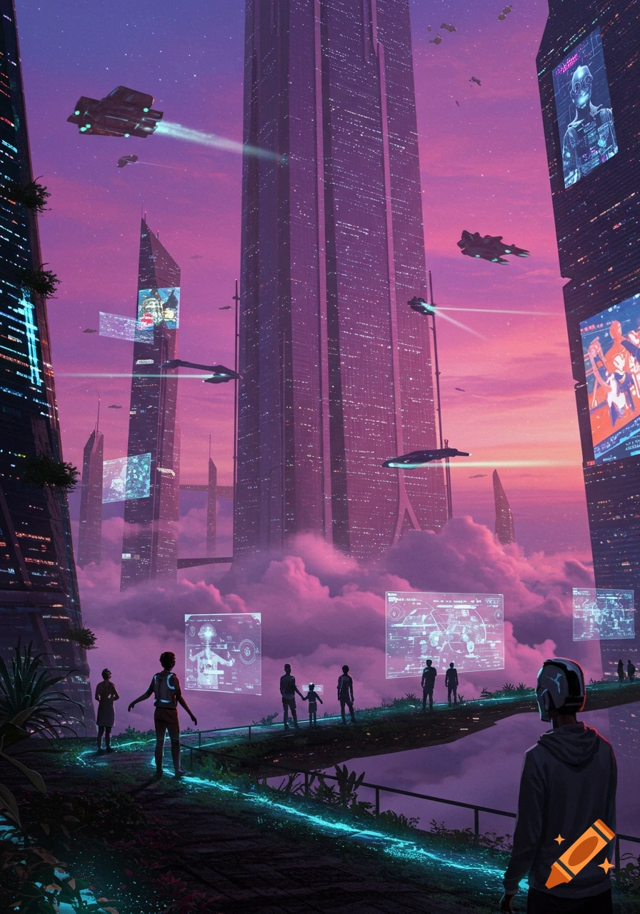 A futuristic city at sunset, featuring towering skyscrapers, flying vehicles, and people interacting with holographic displays.