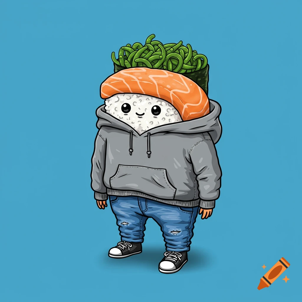 A cute cartoon sushi character wearing a grey hoodie and blue jeans standing on a blue background.