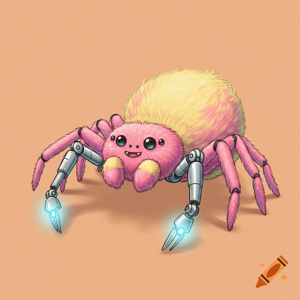 A cute fluffy pink and yellow spider with robotic front legs smiles.
