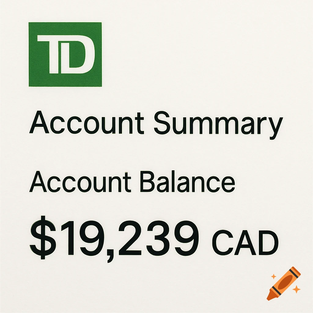 A screen displaying a TD bank account summary with a balance of $19,239 CAD.