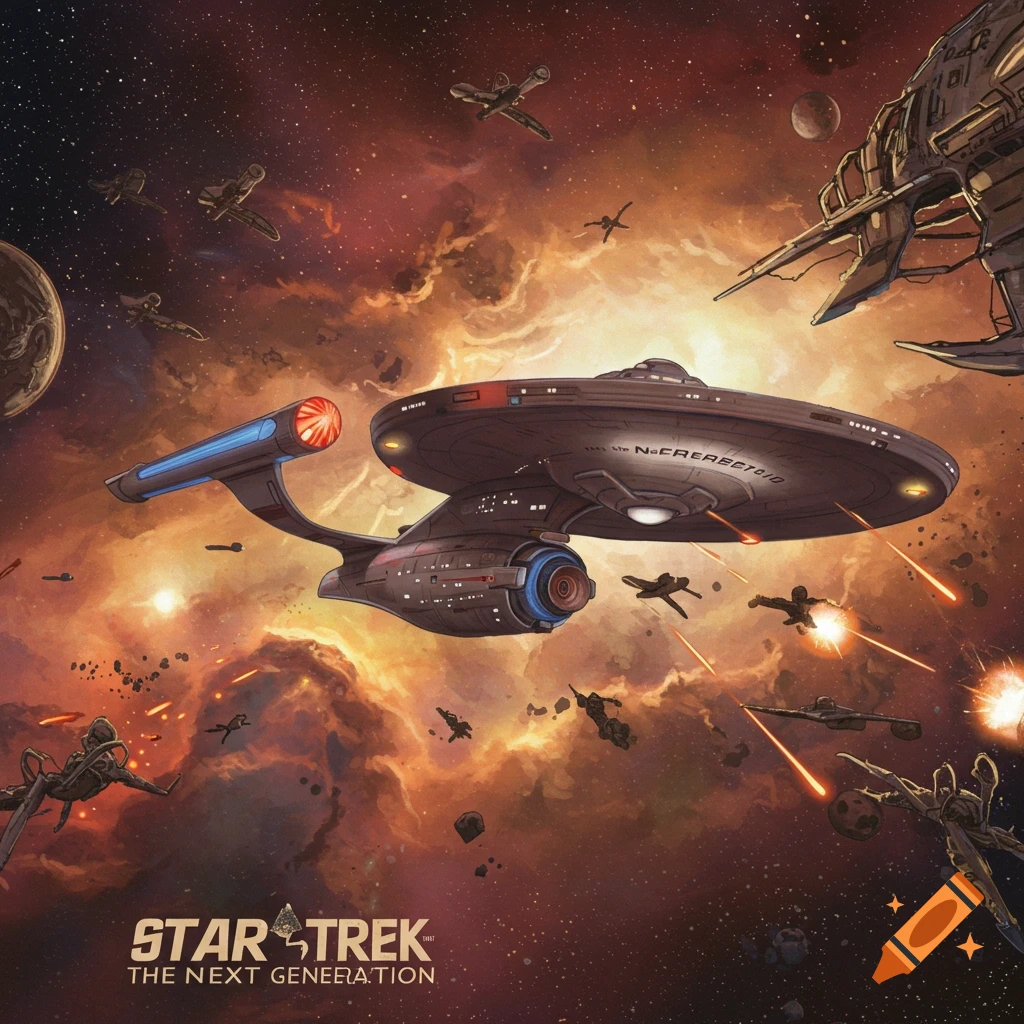 A Star Trek space battle features the Enterprise-D ship firing on smaller vessels.
