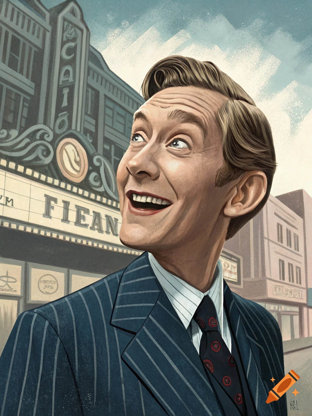 Illustration of a man in a pinstripe suit smiling in front of a vintage building.