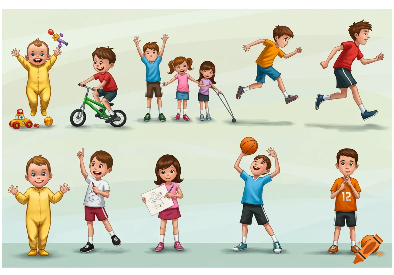 Digital illustration showing children at different ages engaged in various activities.