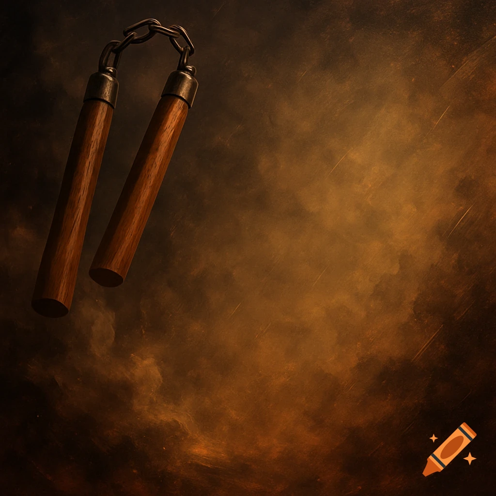 Two wooden nunchaku hang against a dark, smoky, grunge-textured background with light streaks.