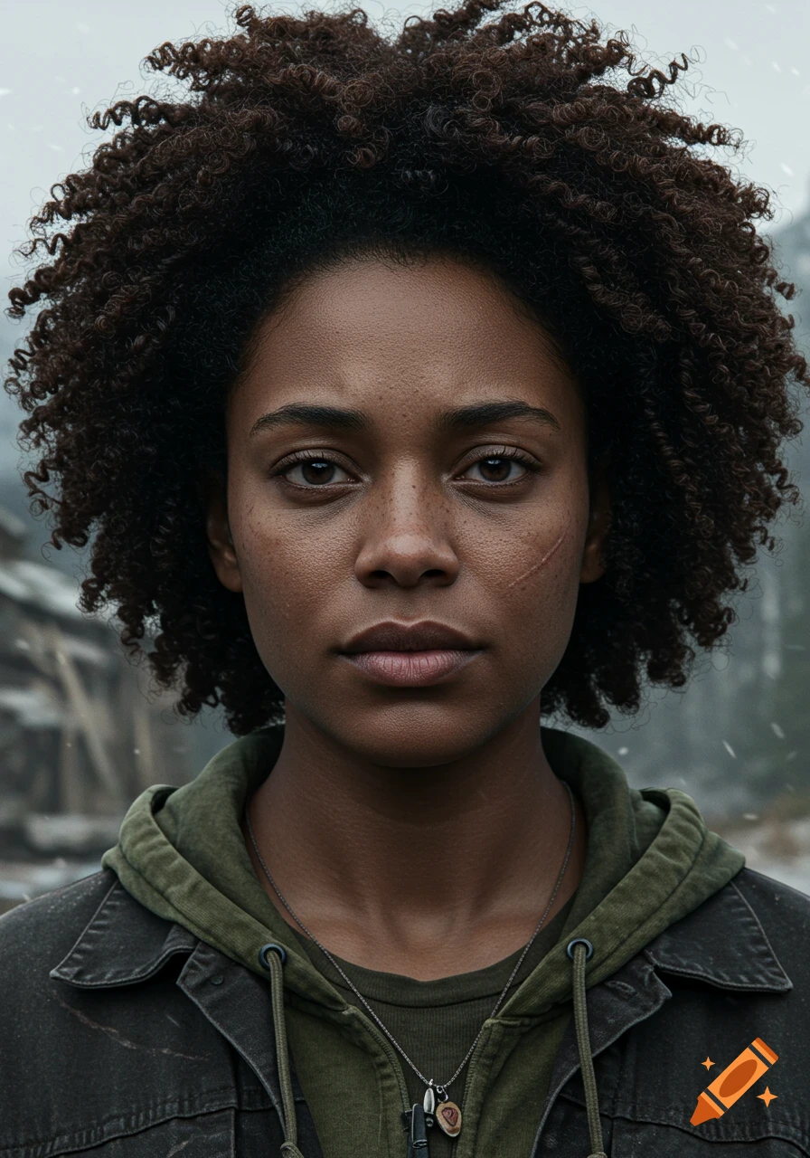 Photorealistic close-up portrait of a young woman with curly hair and a scar, wearing a jacket, in a snowy post-apocalyptic setting.