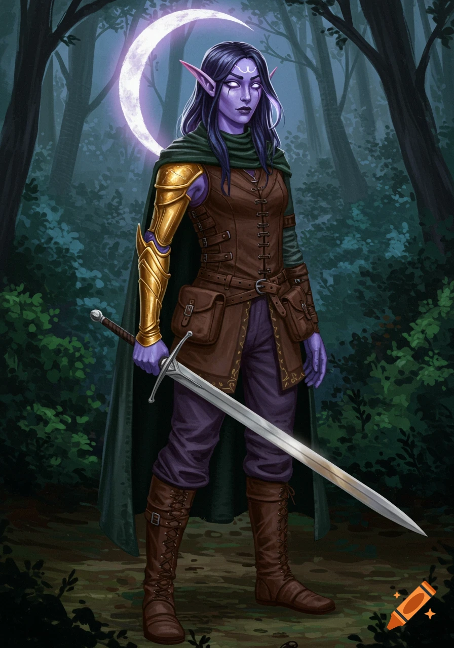 A purple-skinned elf woman with a sword stands in a forest under a crescent moon, wearing leather armor and golden pauldrons.
