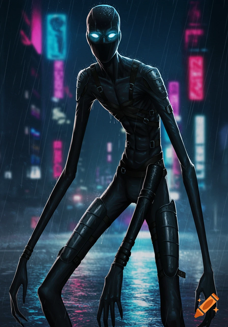 A dark, slender figure with glowing eyes and black gear stands in a rainy cyberpunk city street.