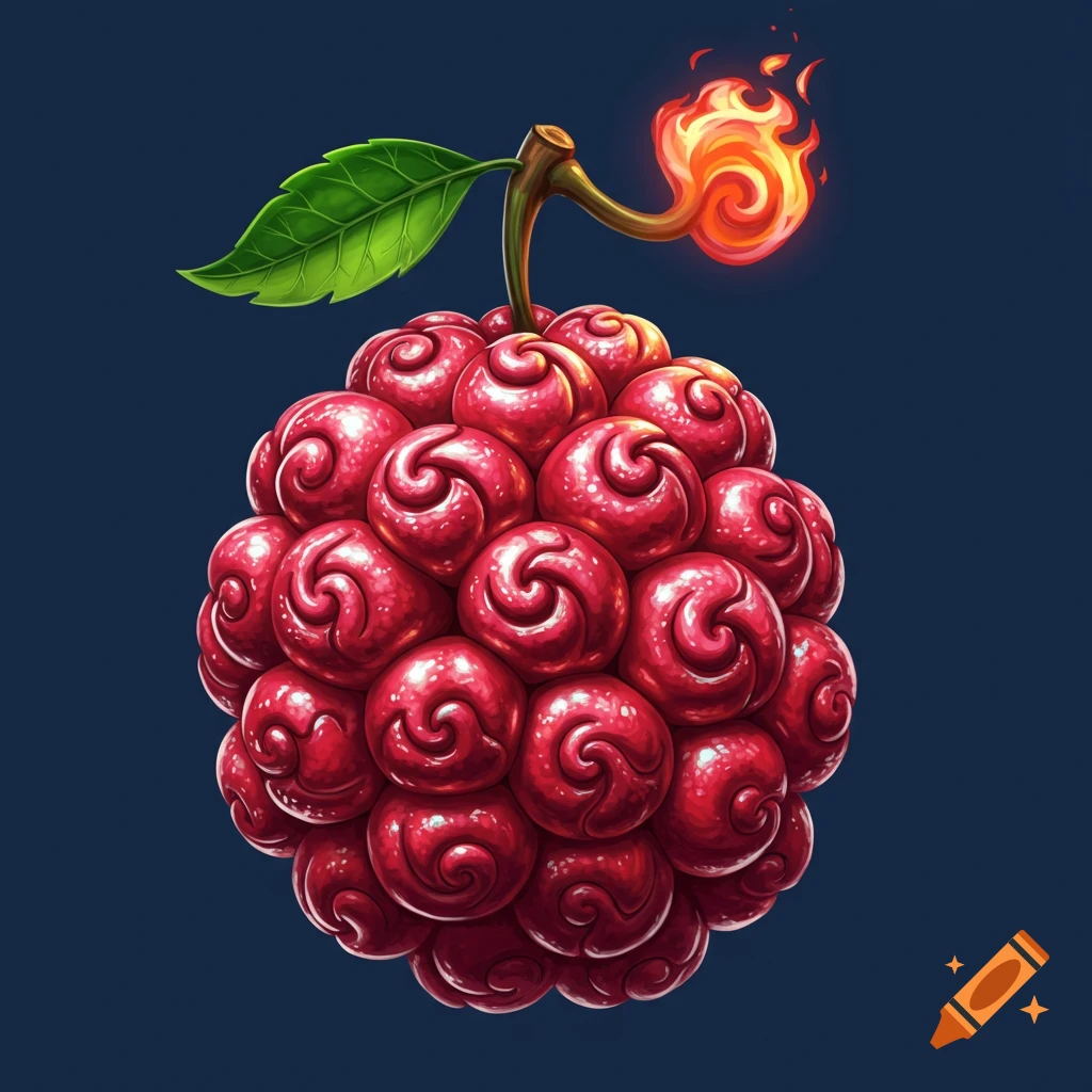 A stylized red devil fruit with swirls and a fiery stem against a dark background.