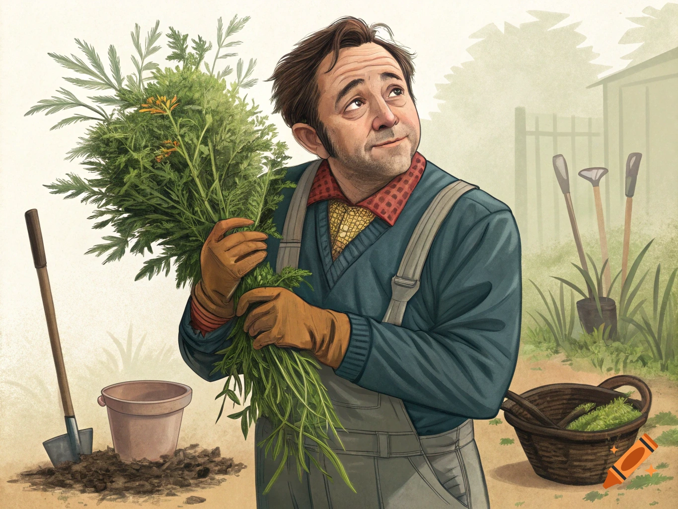 Illustration of a man in overalls and gardening gloves holding a large bunch of weeds in a garden