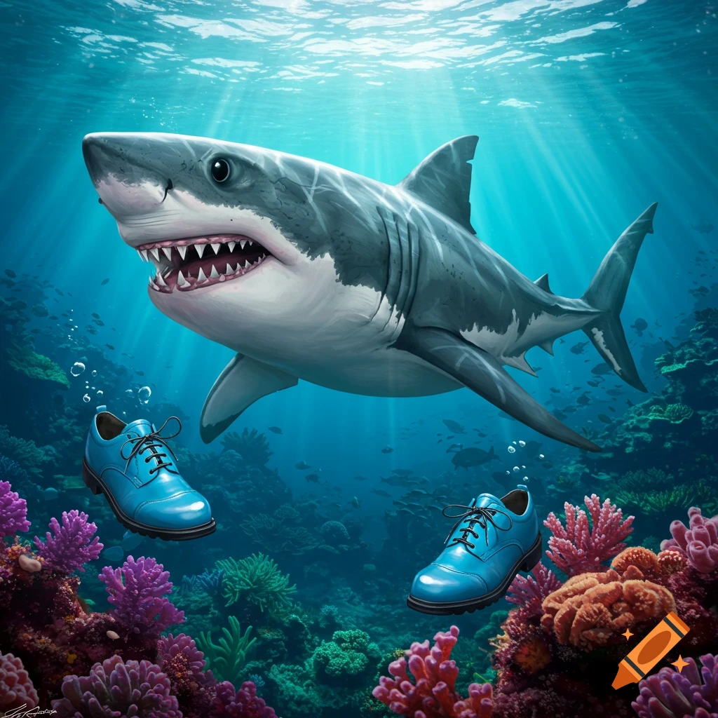A great white shark swims underwater above a coral reef, next to two blue Oxford shoes.